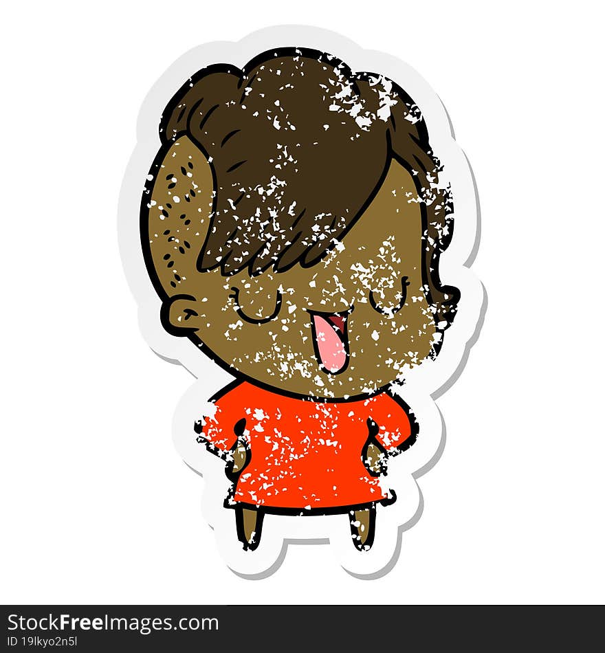 distressed sticker of a cute cartoon girl with hipster haircut