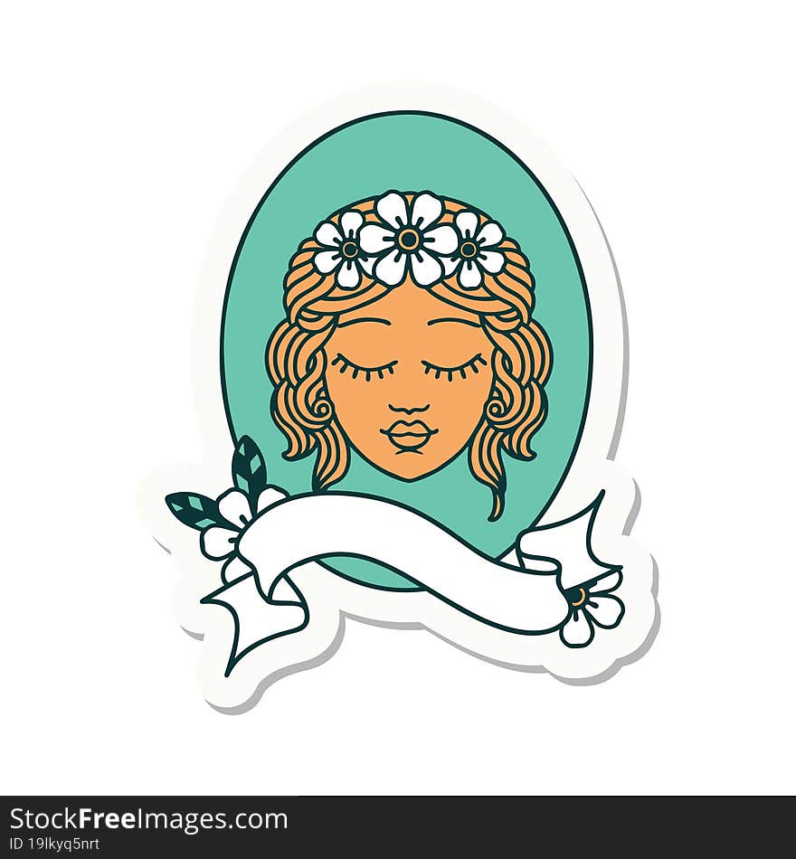 tattoo style sticker with banner of a maiden with eyes closed