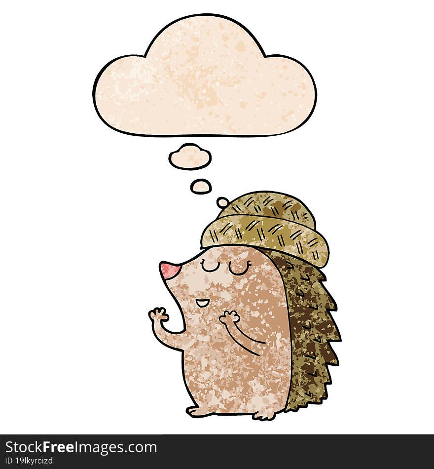 cartoon hedgehog wearing hat and thought bubble in grunge texture pattern style