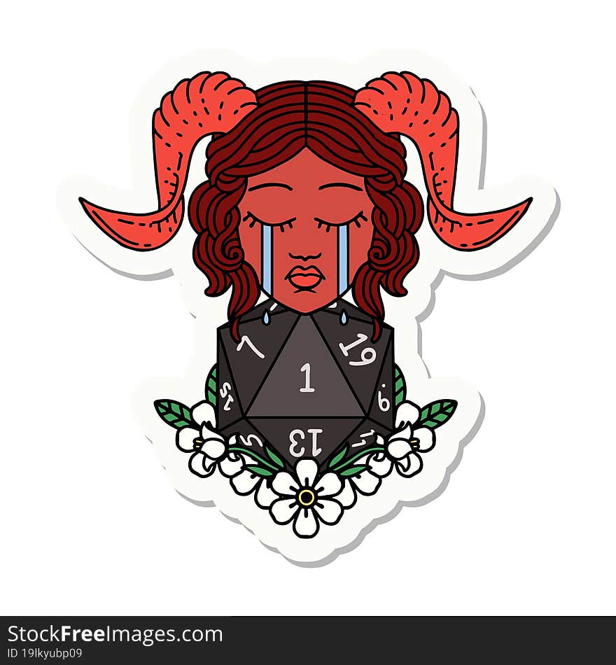 sticker of a crying tiefling character with natural one D20 dice roll. sticker of a crying tiefling character with natural one D20 dice roll