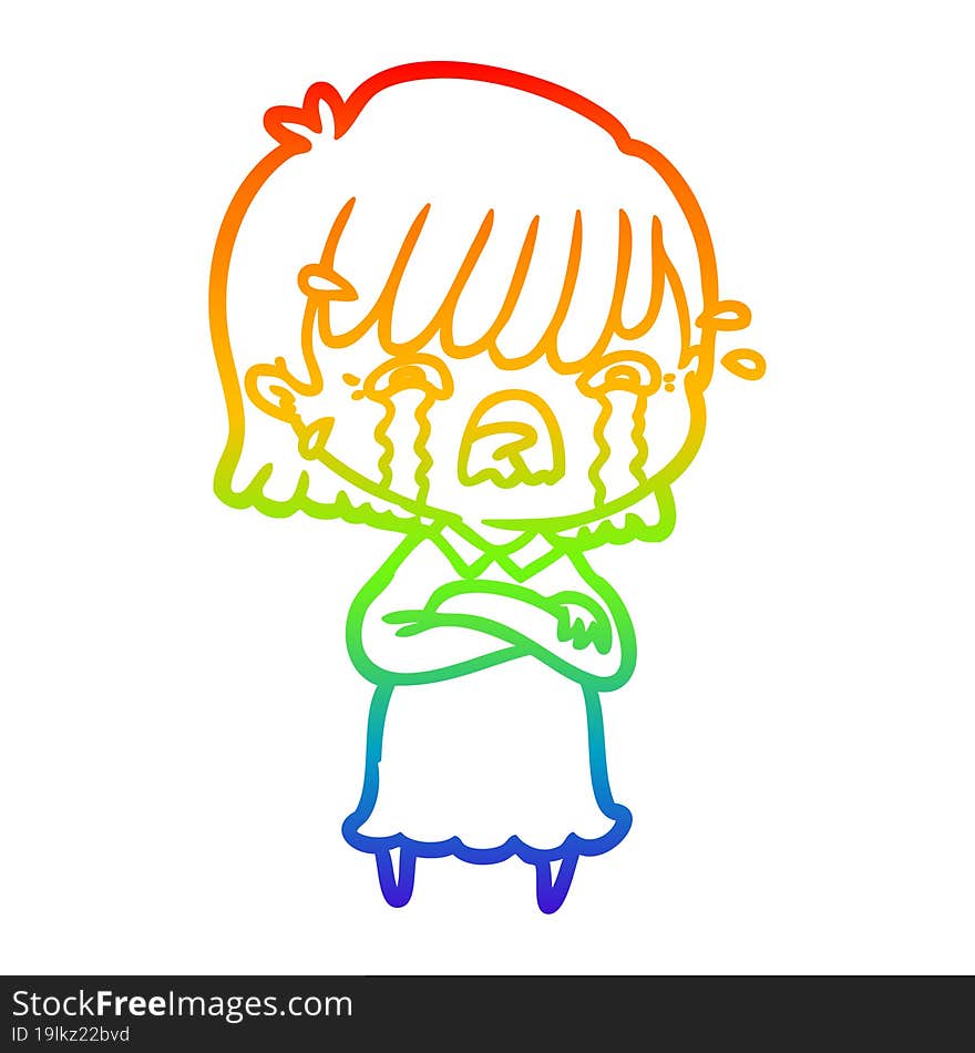 rainbow gradient line drawing of a cartoon girl crying