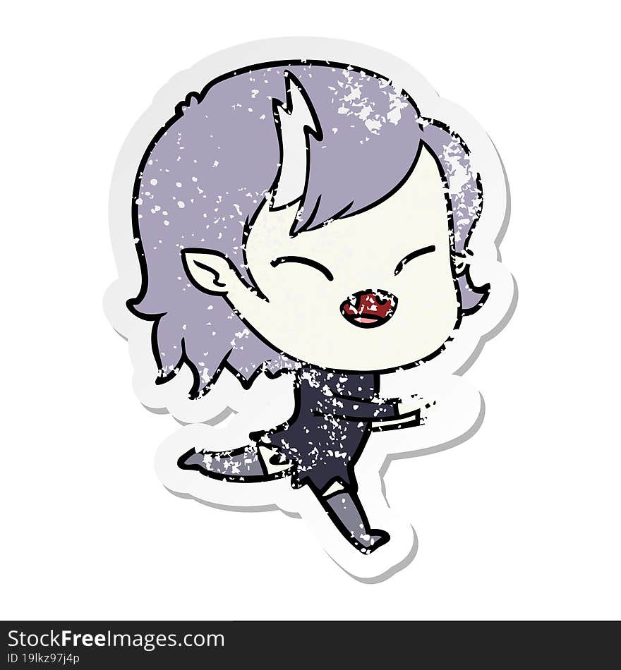 distressed sticker of a cartoon laughing vampire girl running