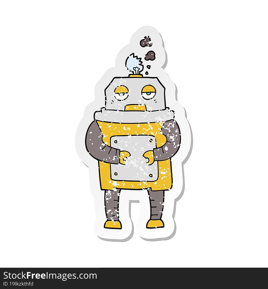 retro distressed sticker of a cartoon broken robot