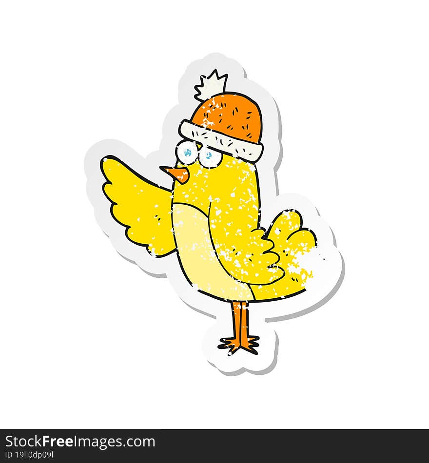 retro distressed sticker of a cartoon bird wearing hat