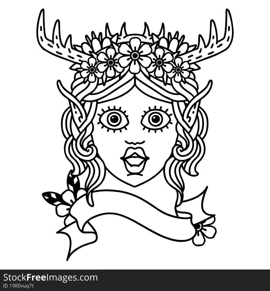 Black and White Tattoo linework Style elf druid character face. Black and White Tattoo linework Style elf druid character face