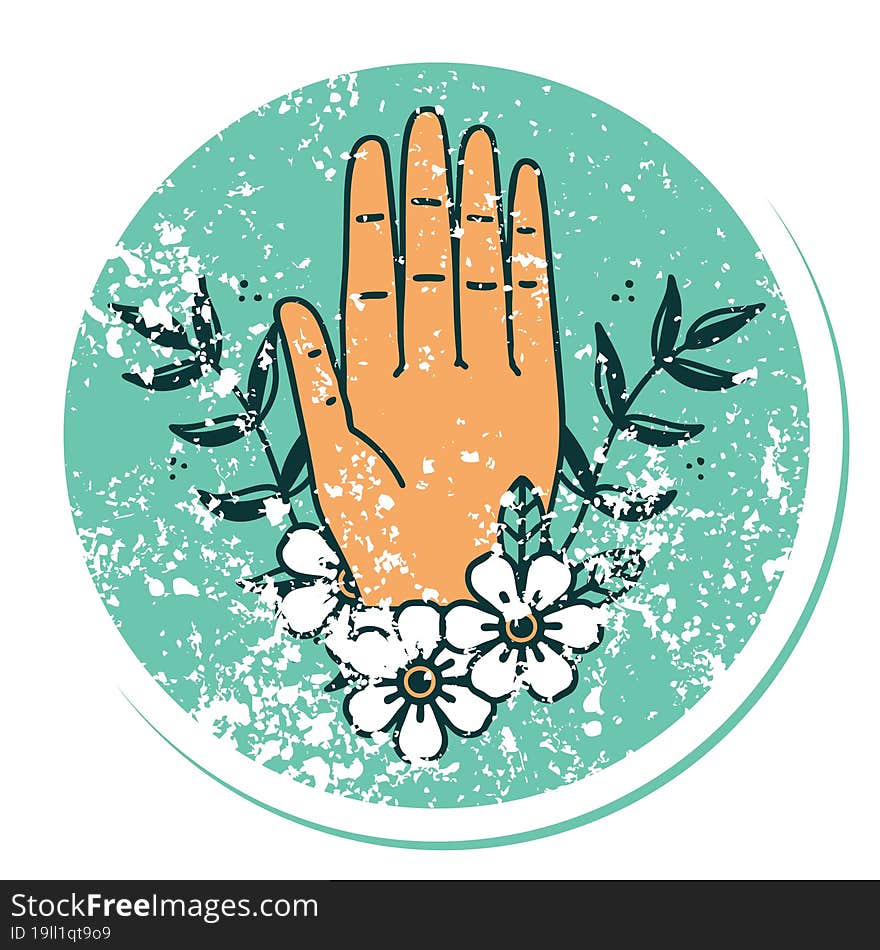 iconic distressed sticker tattoo style image of a hand and flower. iconic distressed sticker tattoo style image of a hand and flower