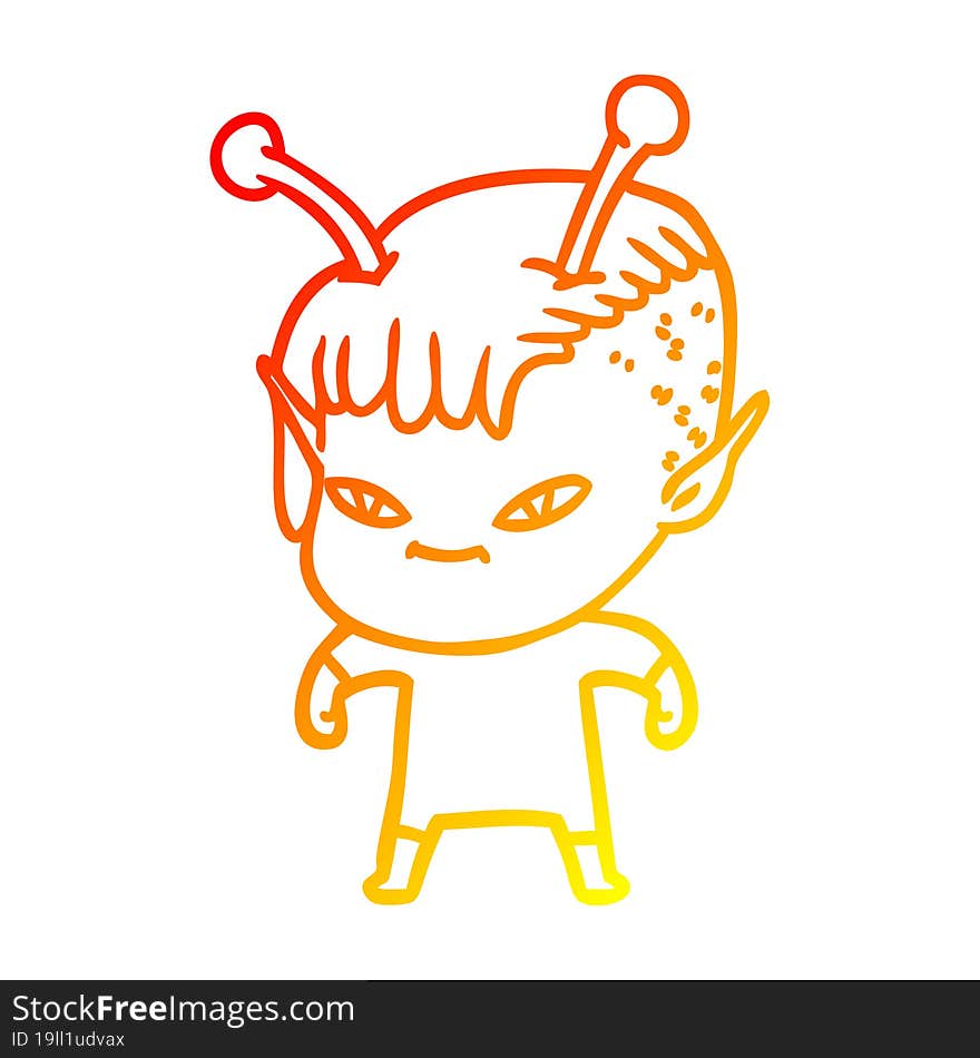 warm gradient line drawing of a cute cartoon alien girl