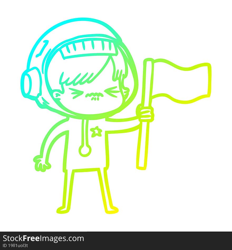 Cold Gradient Line Drawing Angry Cartoon Space Girl Waving Flag