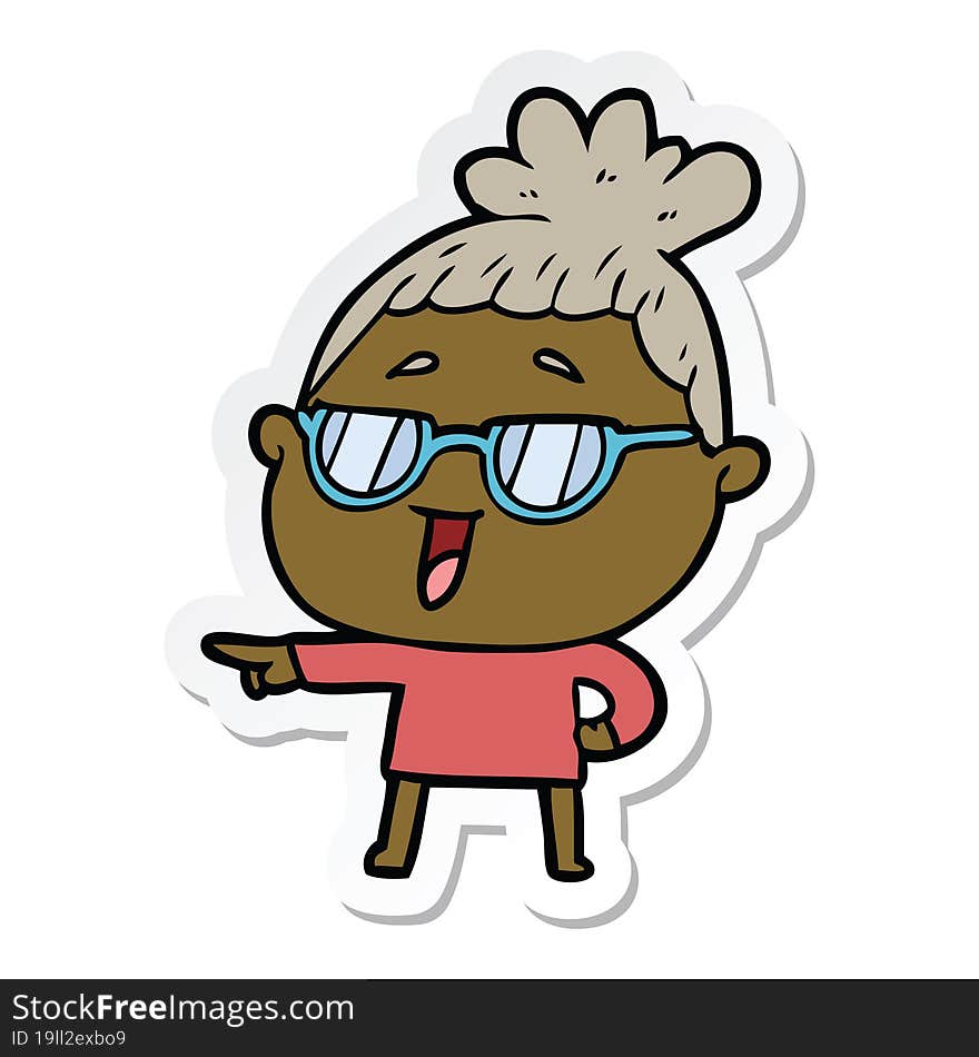 sticker of a cartoon happy woman wearing spectacles