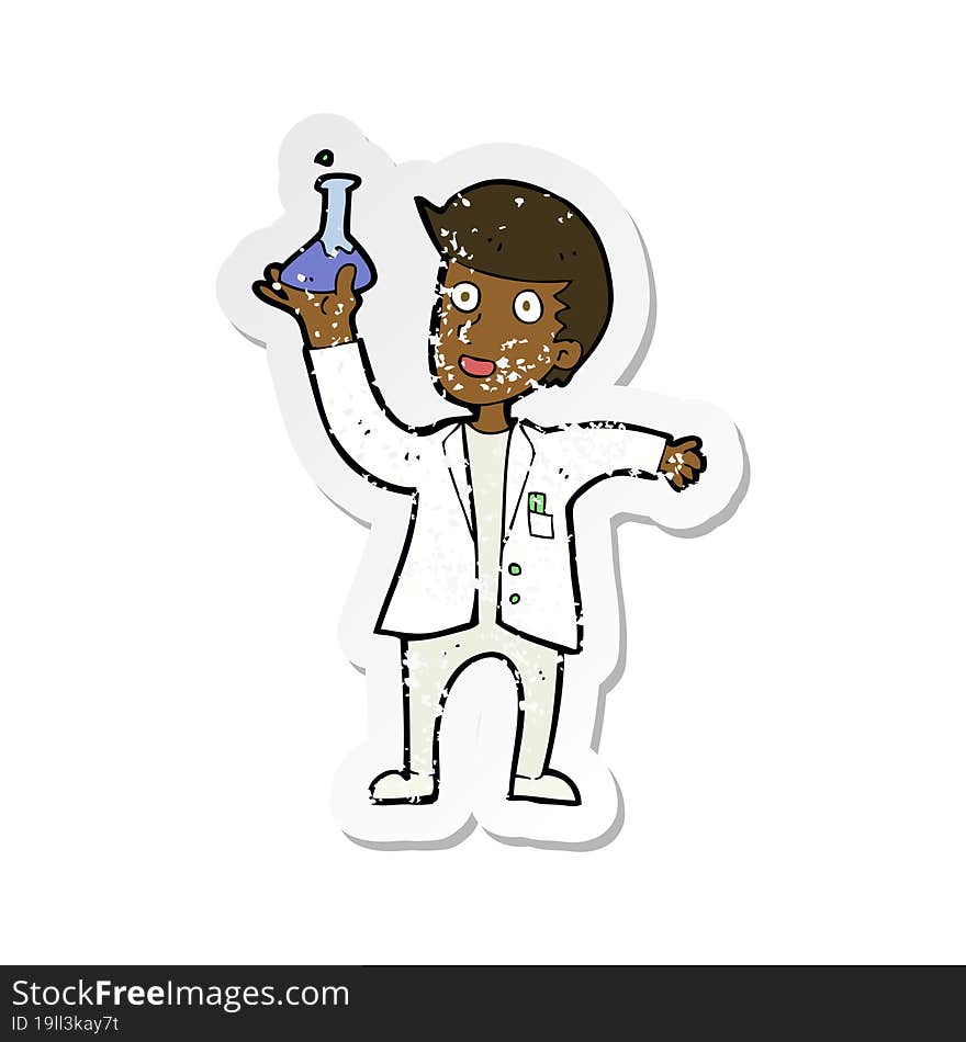 Retro Distressed Sticker Of A Cartoon Happy Scientist