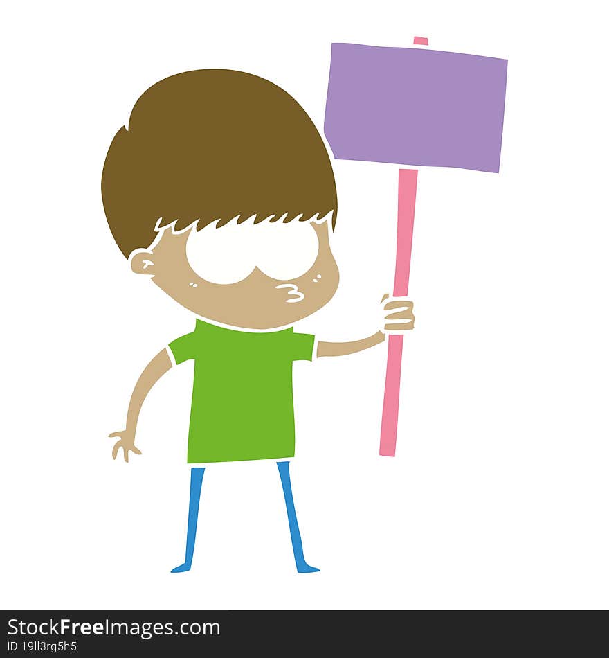 nervous flat color style cartoon boy holding placard