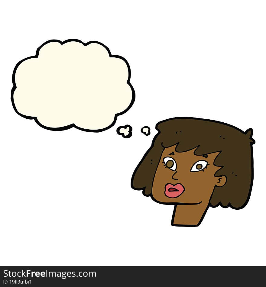 cartoon pretty female face with thought bubble