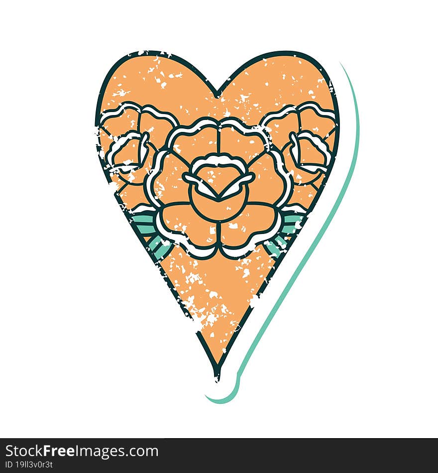 Distressed Sticker Tattoo Style Icon Of A Heart And Flowers