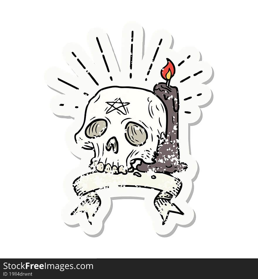 Grunge Sticker Of Tattoo Style Spooky Skull And Candle