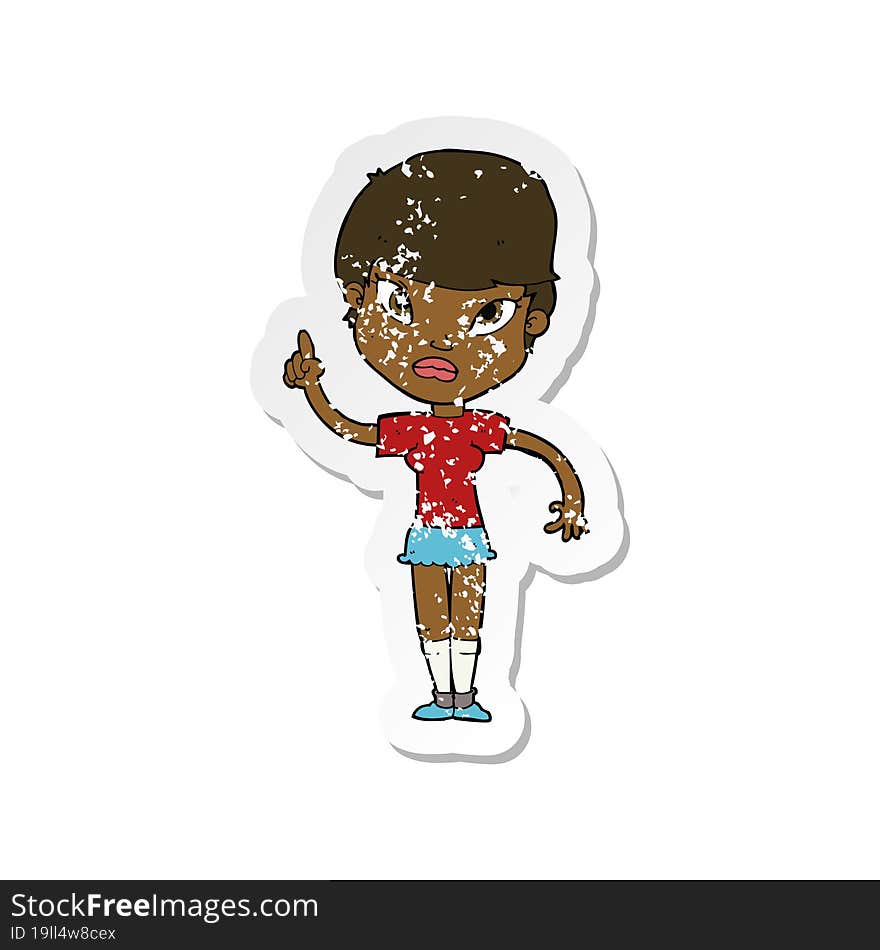 retro distressed sticker of a cartoon woman with idea