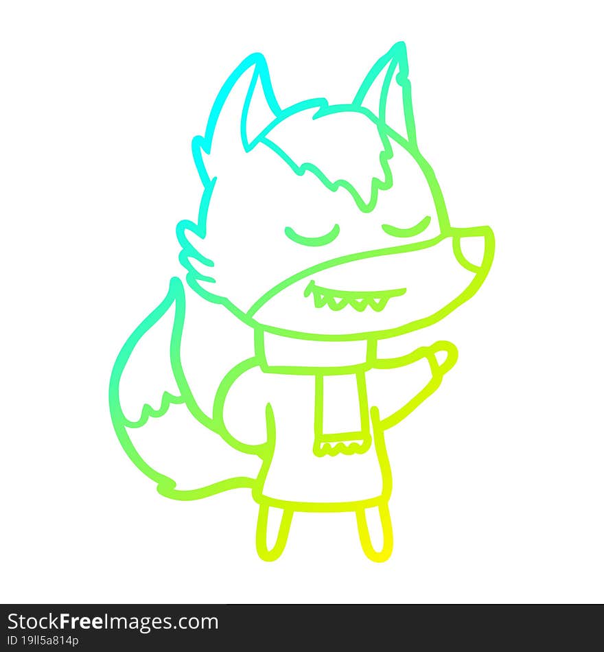 cold gradient line drawing friendly cartoon wolf wearing scarf