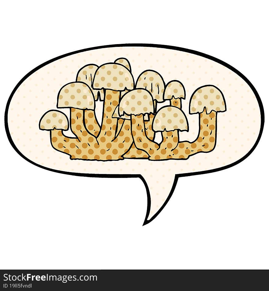 cartoon mushroom with speech bubble in comic book style