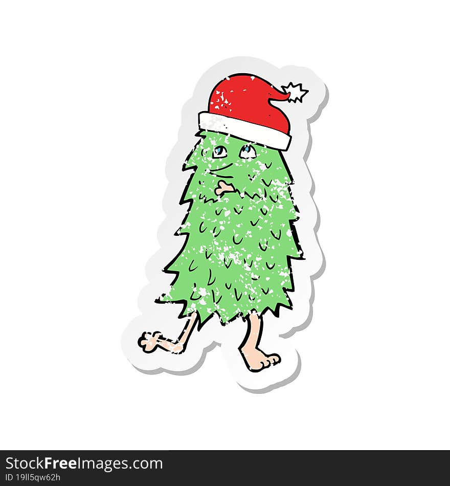 retro distressed sticker of a cartoon christmas tree dancing