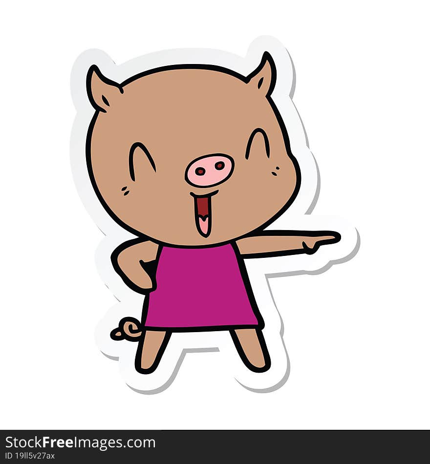 sticker of a happy cartoon pig in dress