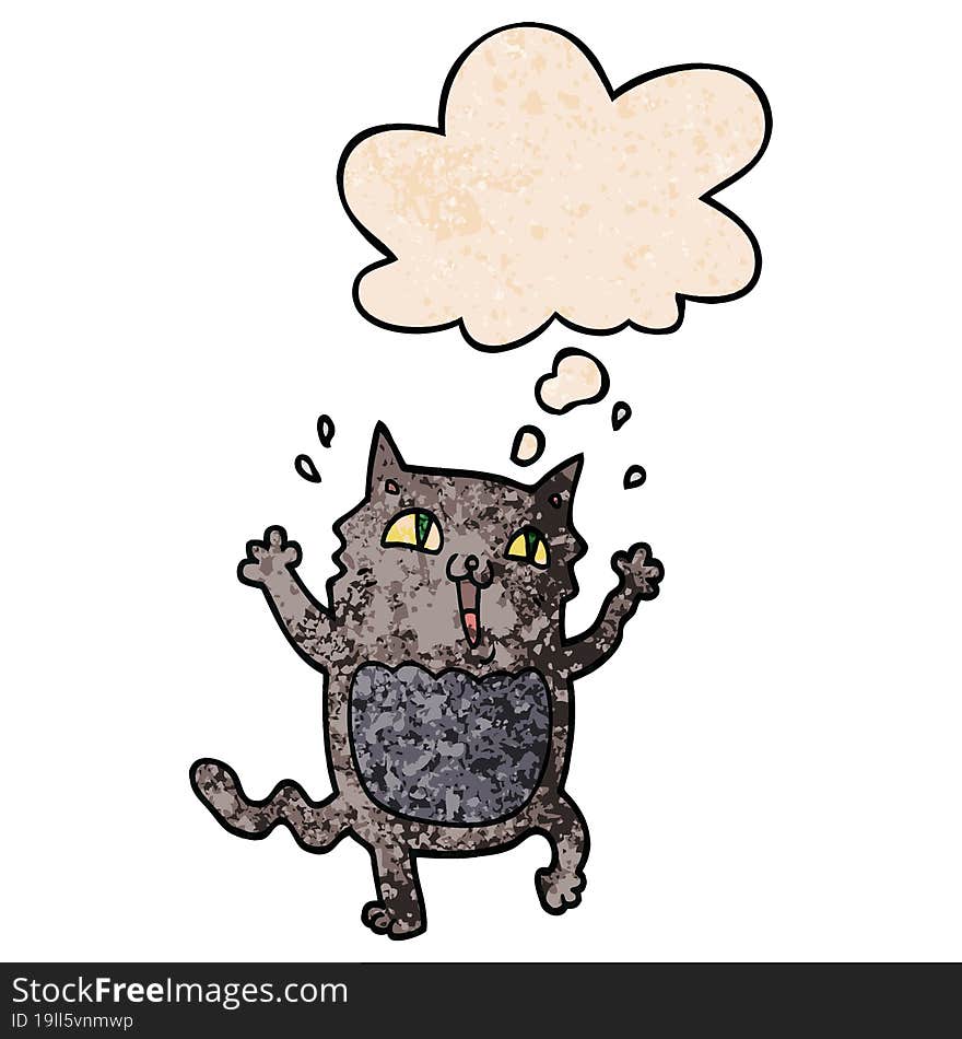 cartoon crazy excited cat and thought bubble in grunge texture pattern style