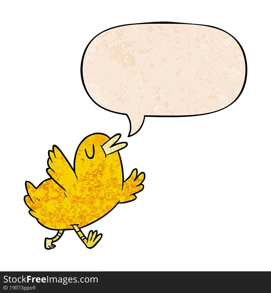 cartoon happy bird and speech bubble in retro texture style