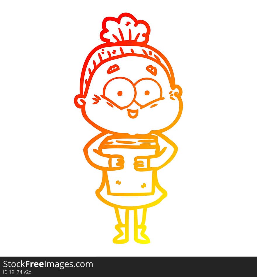 warm gradient line drawing of a cartoon happy old woman