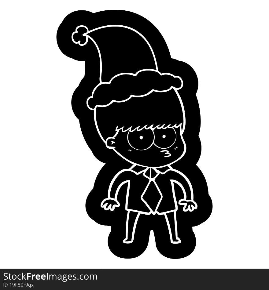 nervous cartoon icon of a boy wearing shirt and tie wearing santa hat