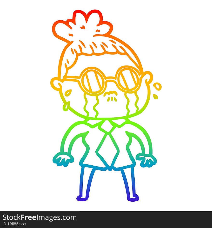 rainbow gradient line drawing cartoon crying woman wearing spectacles