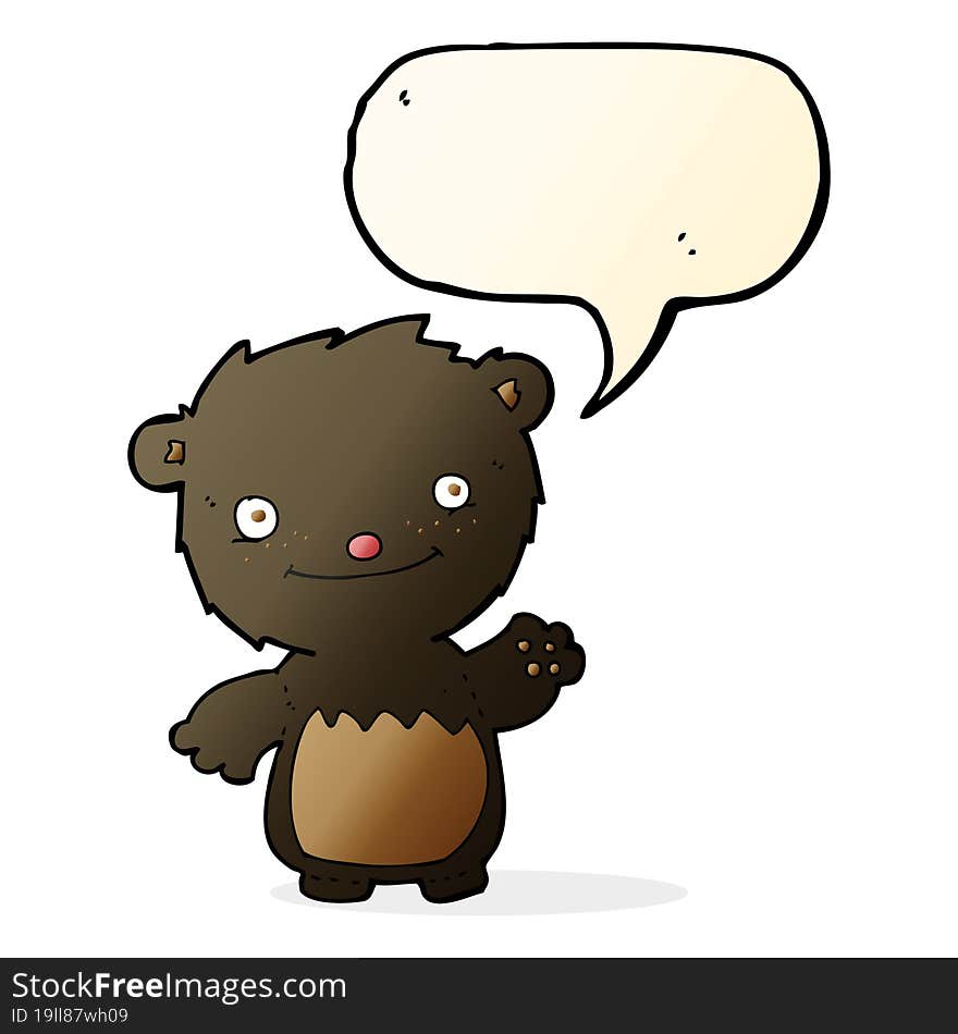 cartoon waving black bear cub with speech bubble