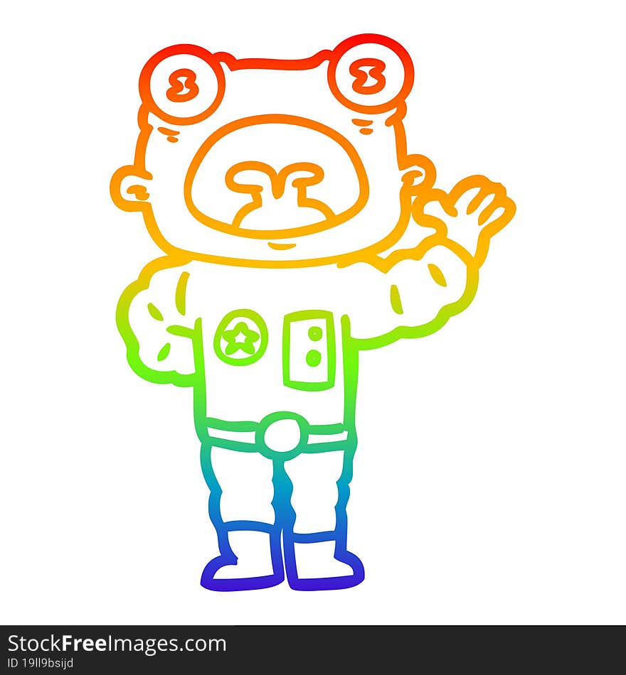 rainbow gradient line drawing of a cartoon weird alien waving