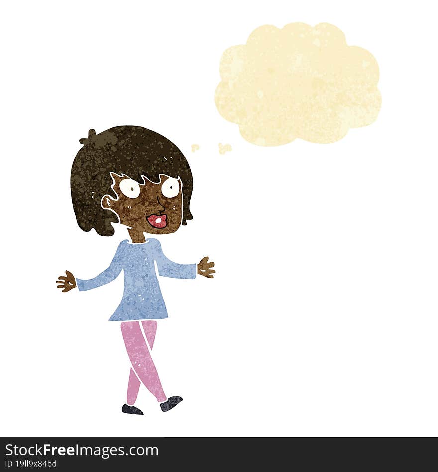 cartoon woman with open arms with thought bubble