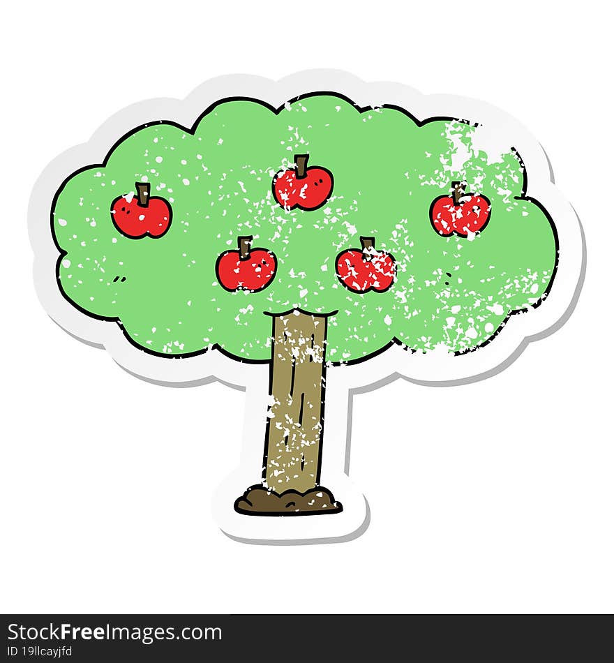 distressed sticker of a cartoon apple tree