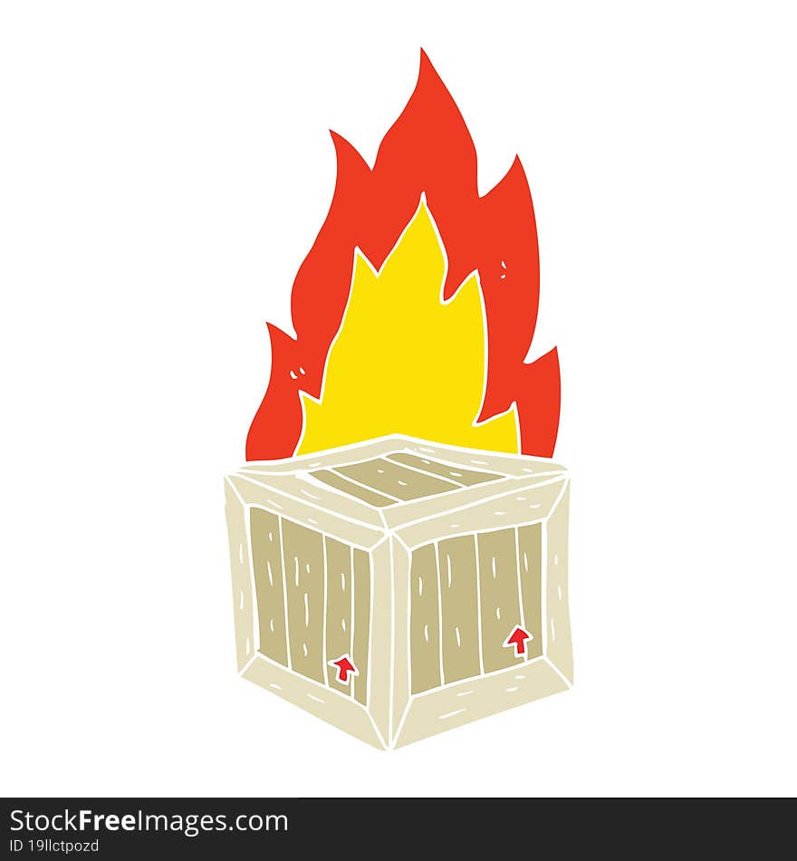 flat color illustration of a cartoon burning crate