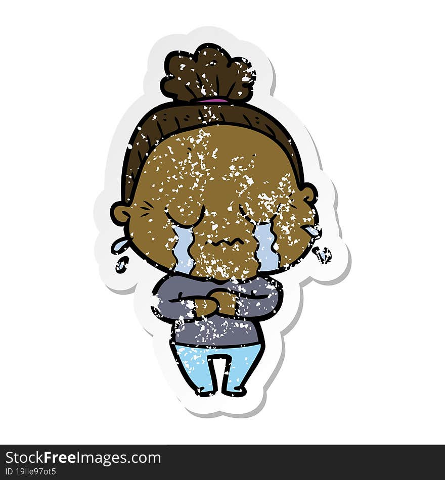 distressed sticker of a cartoon crying old lady