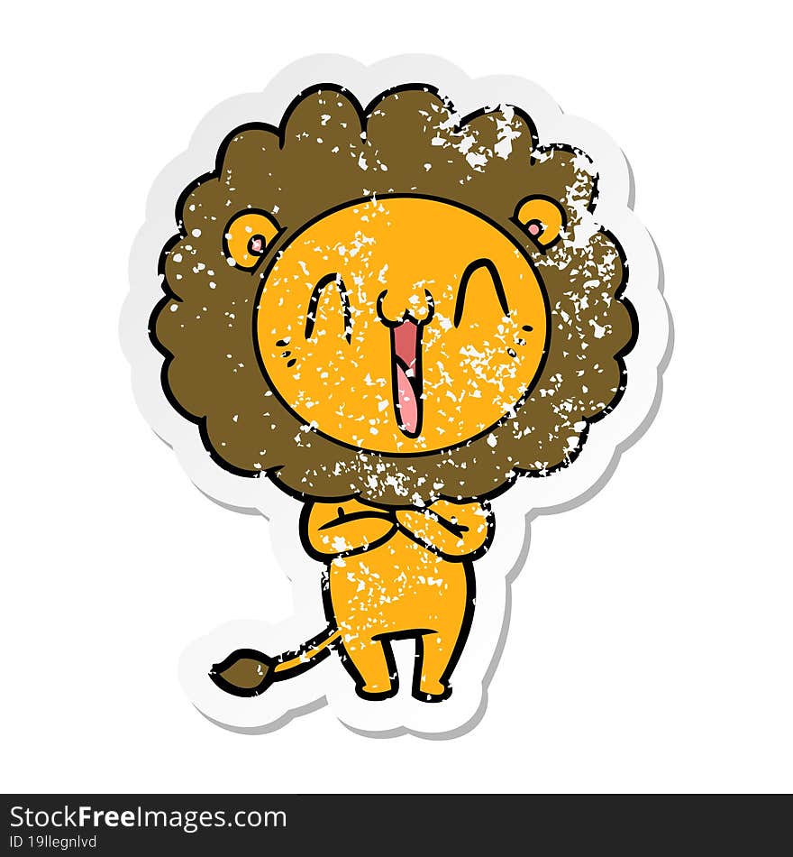 distressed sticker of a happy cartoon lion