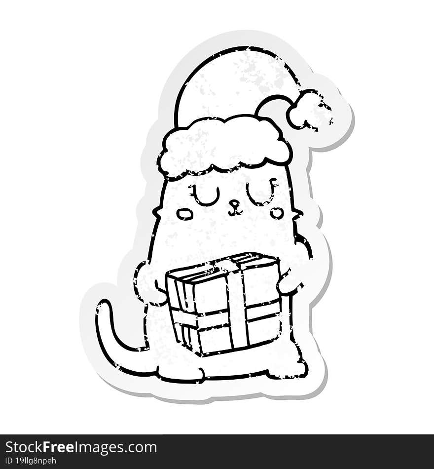 distressed sticker of a cute cartoon christmas cat