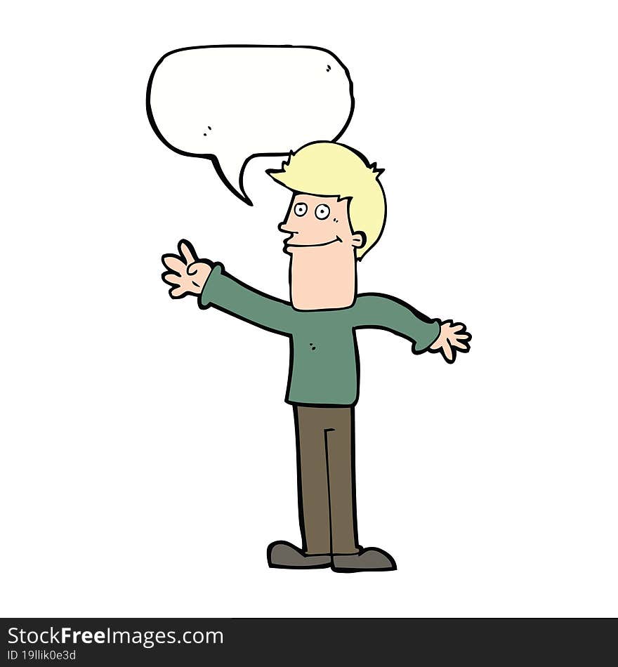 cartoon happy man waving with speech bubble