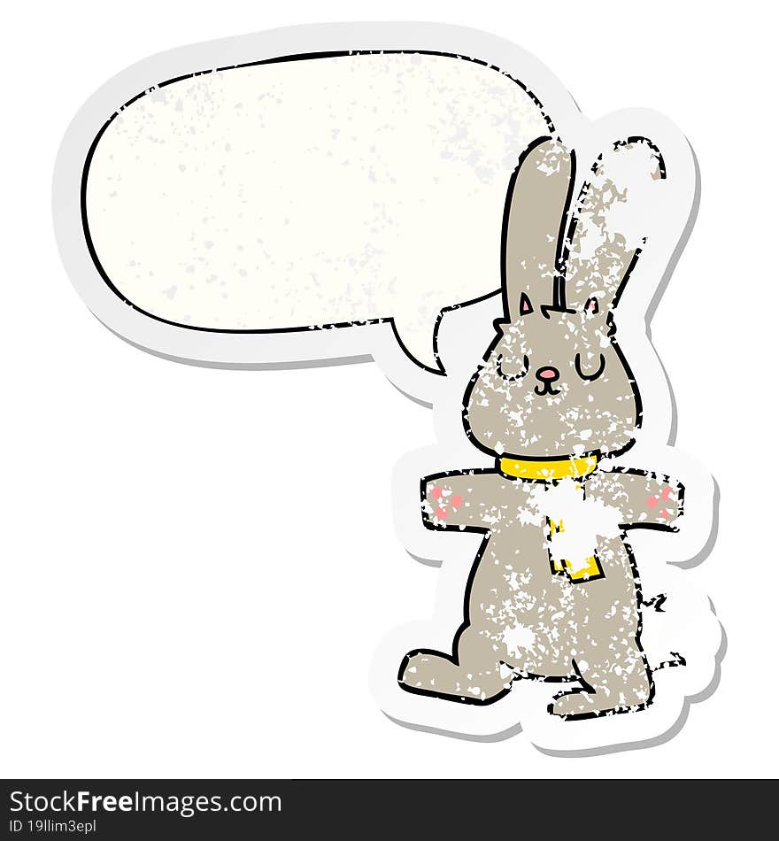 cartoon rabbit with speech bubble distressed distressed old sticker. cartoon rabbit with speech bubble distressed distressed old sticker