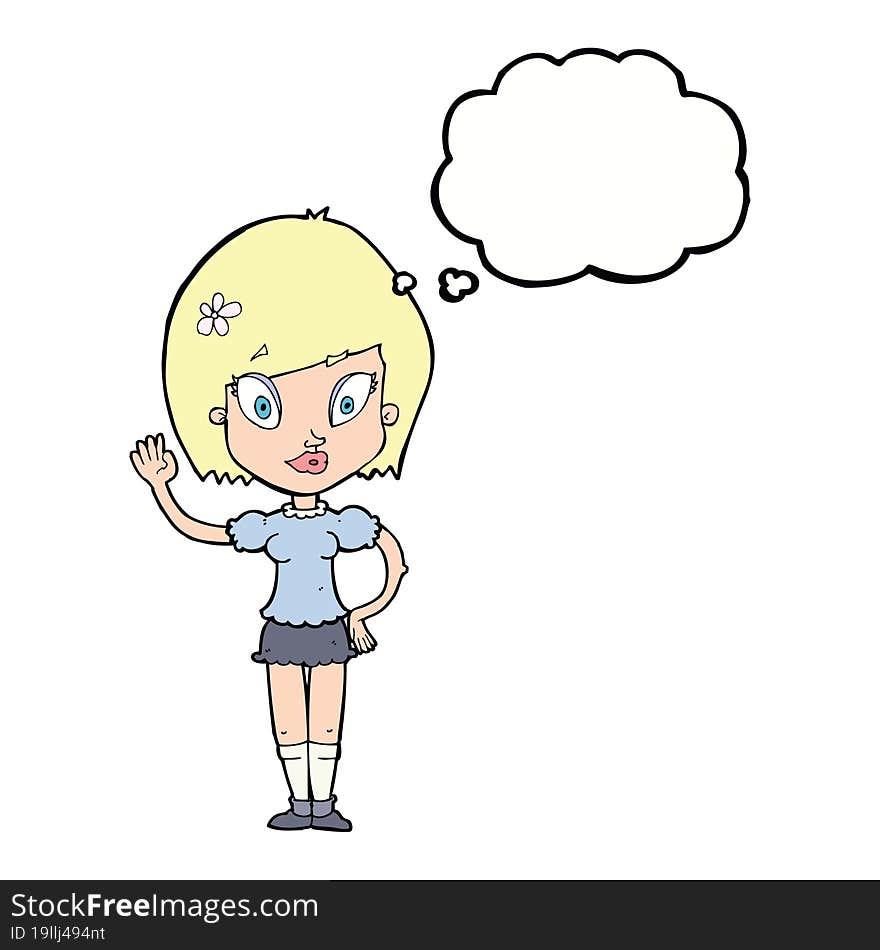 Cartoon Pretty Girl Waving With Thought Bubble