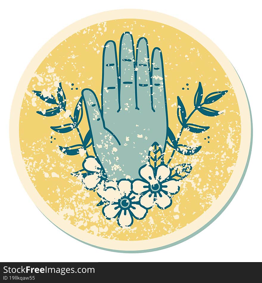 distressed sticker tattoo style icon of a hand and flower