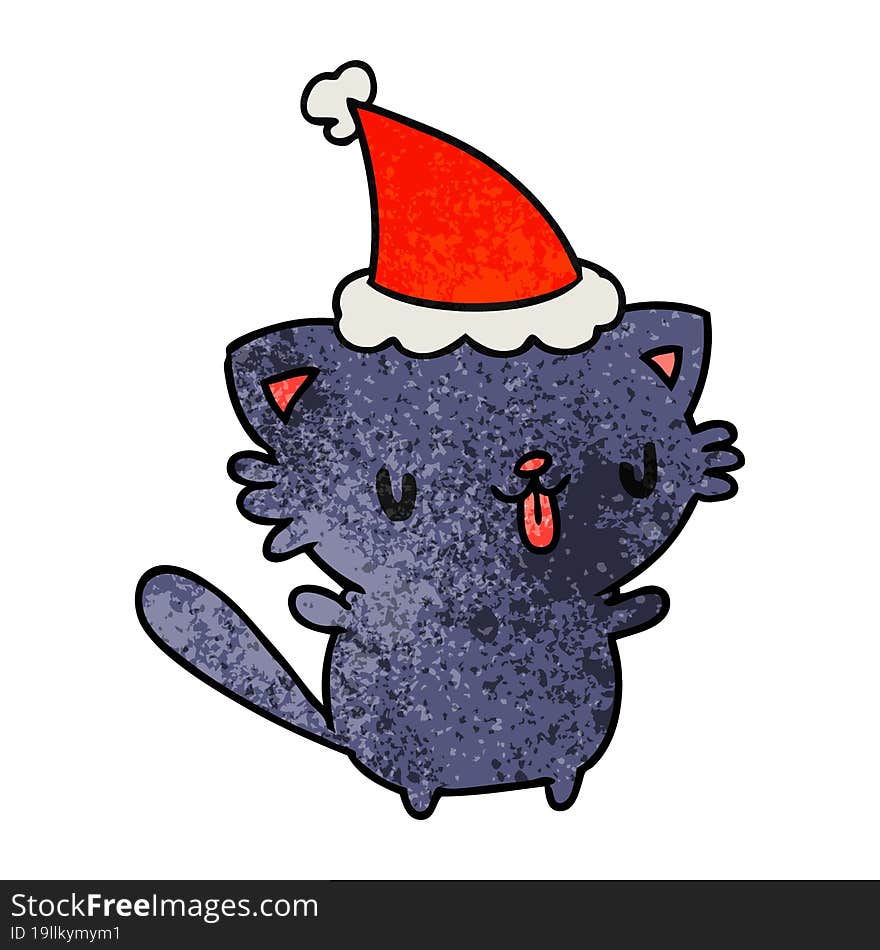 hand drawn christmas textured cartoon of kawaii cat