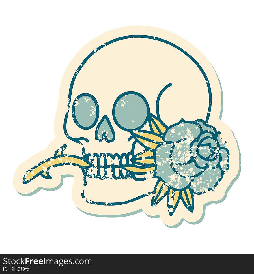 iconic distressed sticker tattoo style image of a skull and rose. iconic distressed sticker tattoo style image of a skull and rose