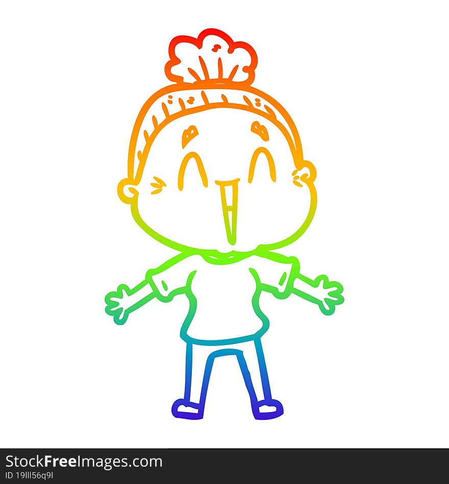 rainbow gradient line drawing of a cartoon happy old lady