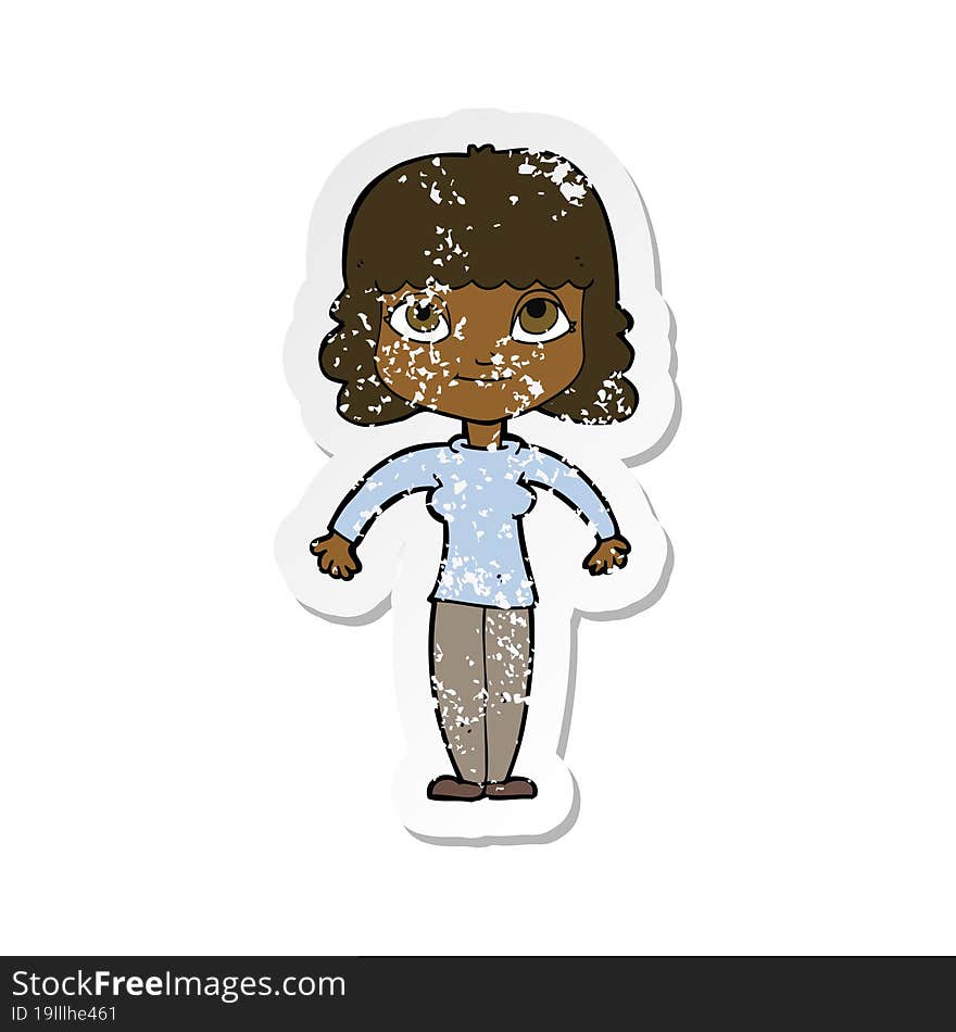 retro distressed sticker of a cartoon woman shrugging shoulders