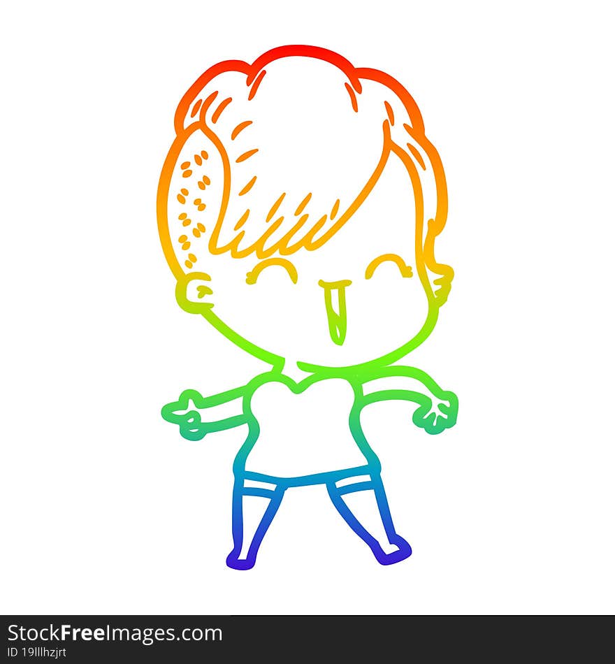 Rainbow Gradient Line Drawing Cartoon Happy Hipster Girl