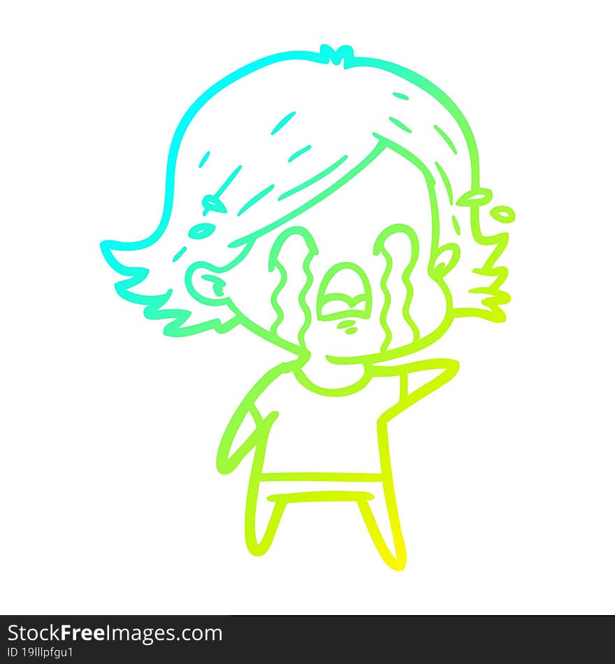 cold gradient line drawing of a cartoon woman crying