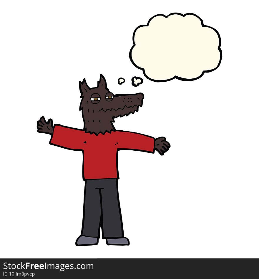 cartoon happy wolf man with thought bubble