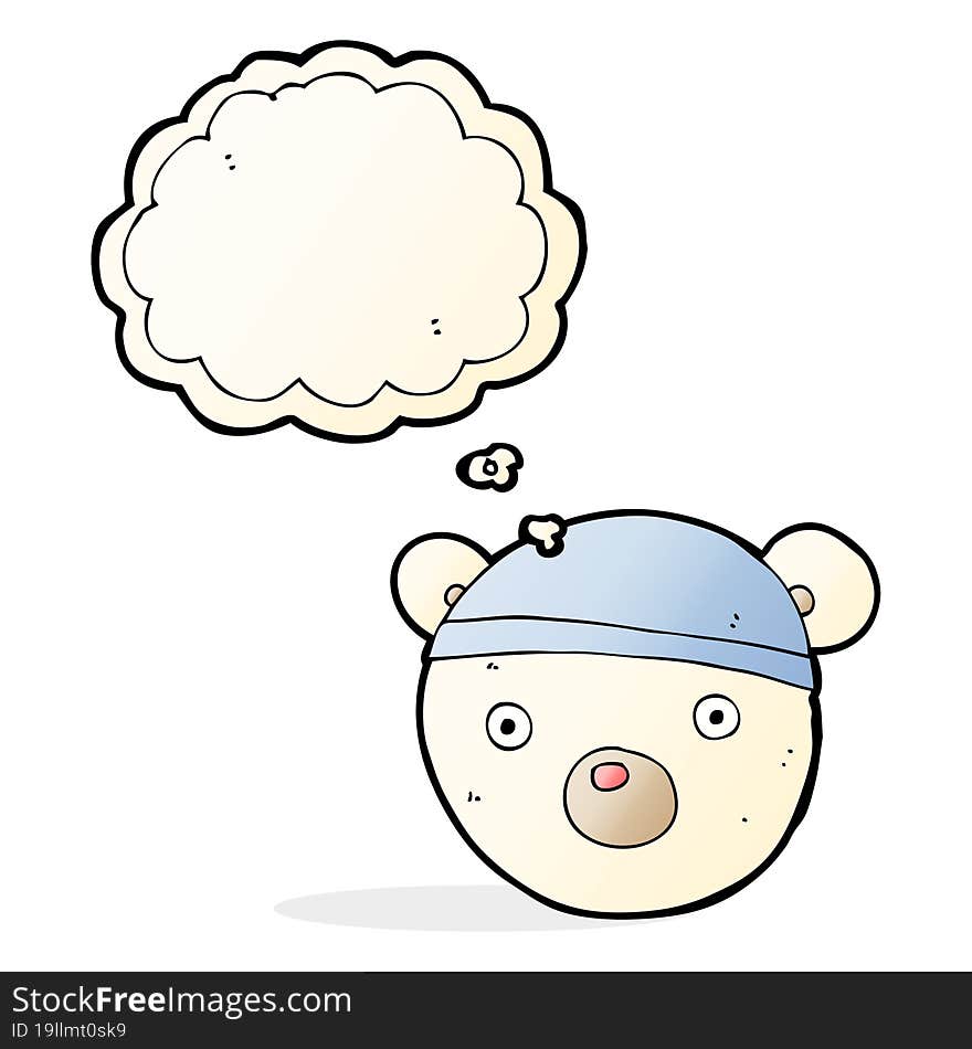 cartoon polar bear cub wearing hat with thought bubble