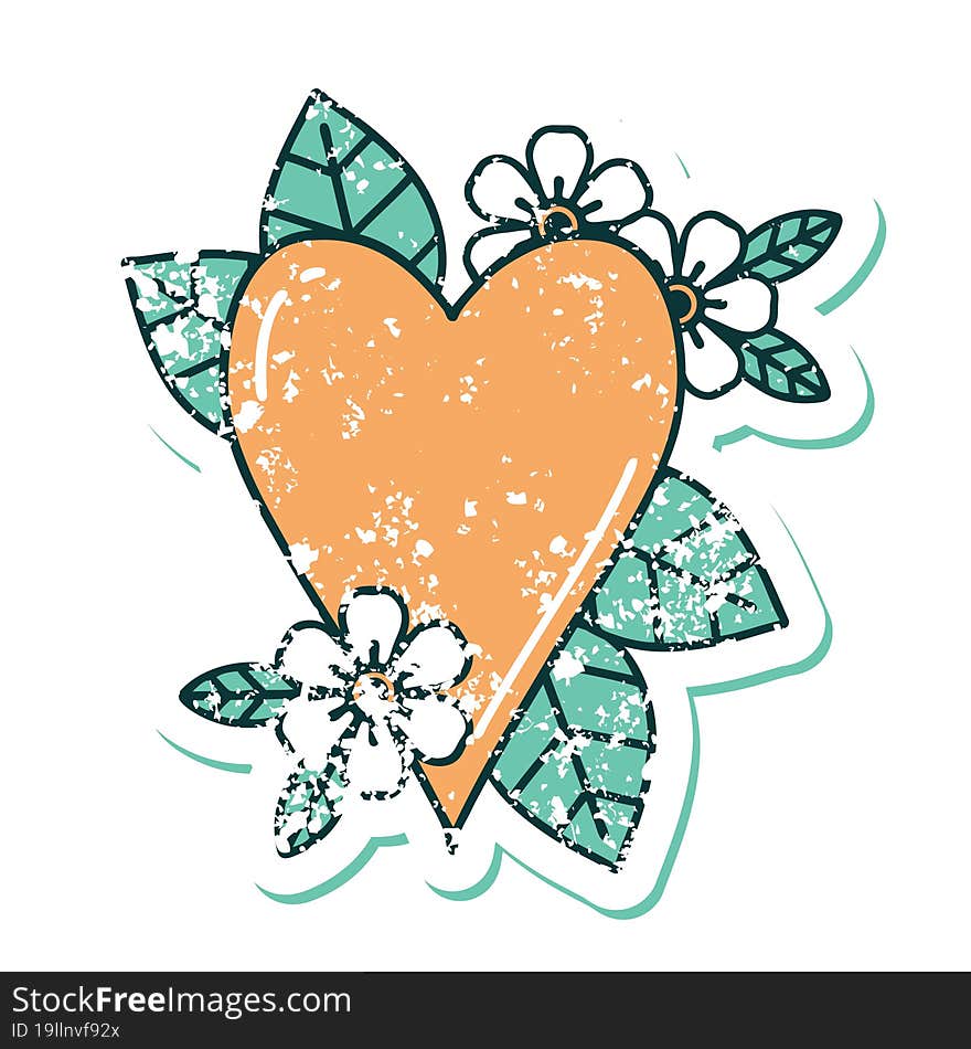 distressed sticker tattoo style icon of a botanical heart