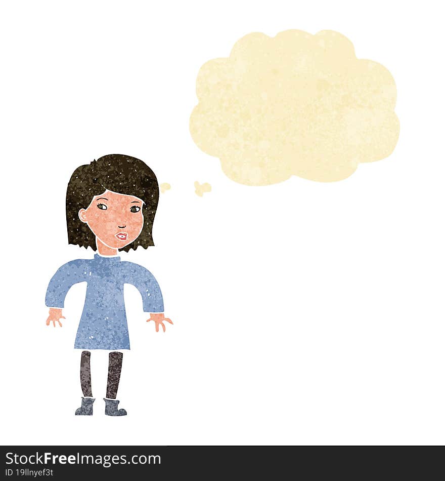 cartoon cautious woman with thought bubble